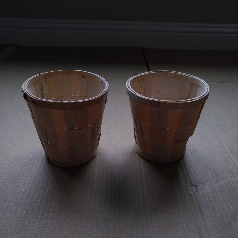 NEW PAIR IVORY WOVEN WOODEN BASKETS BRAIDED DTAIL